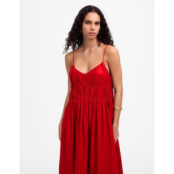 Madewell Dress Large Festival Red Linen Cotton Relaxed Pockets V Neck Midi NU579 - Picture 2 of 14